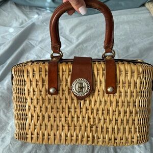 Vintage Coated Wicker and Leather Handbag, Simon, Made in Hong Kong